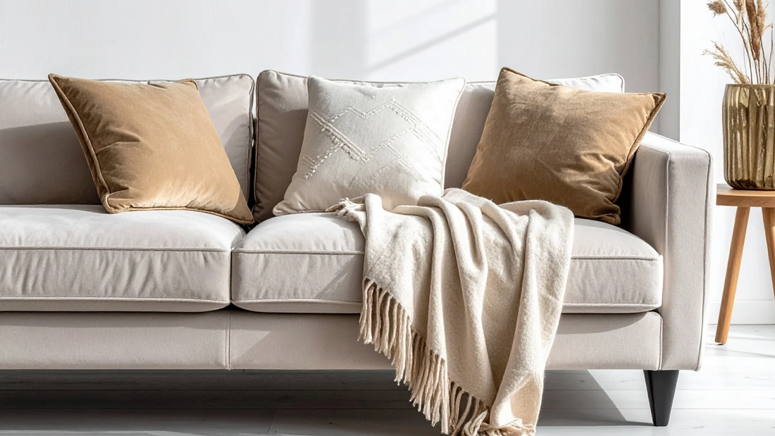 A neutral-toned sofa with cushions and a folded blanket in a calm, softly lit living room.